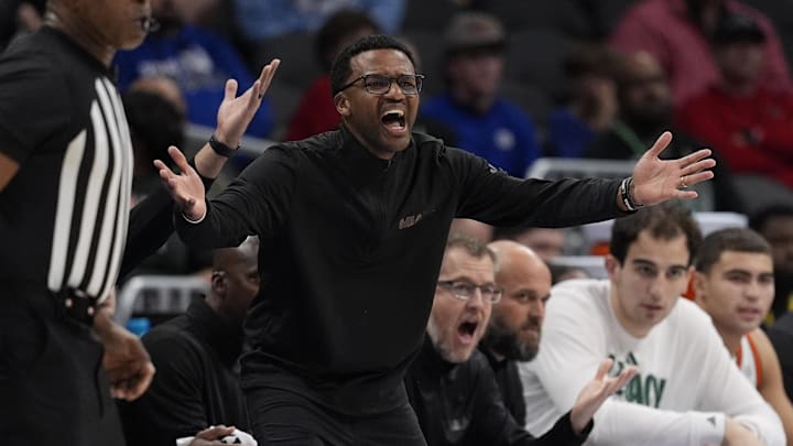 Mar 12, 2026; Charlotte, NC, USA; Miami (FL) Hurricanes head coach Jai Lucas reacts to a play during the second half against the Louisville Cardinals at Spectrum Center. Mandatory Credit: Jim Dedmon-Imagn Images