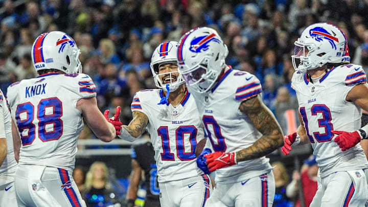 Buffalo Bills wide receiver Khalil Shakir (10) celebrates his touchdown, during the second half at Ford Field in Detroit on Sunday, Dec. 15, 2024.