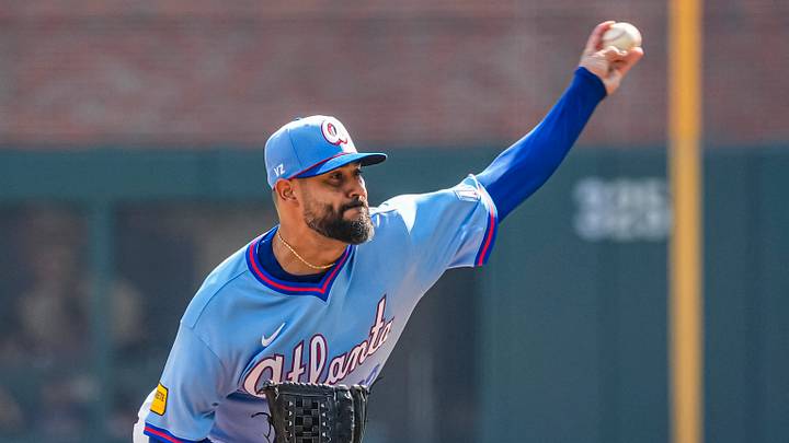 Aug 29, 2026; Cumberland, Georgia, USA; Atlanta Braves pitcher Martin Perez (33) pitches against the Colorado Rockies during the first inning at Truist Park. Mandatory Credit: Dale Zanine-Imagn Images