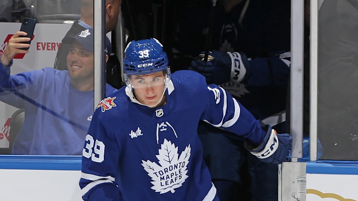 Fraser Minten stepping on the ice for the Toronto Maple Leafs vs the Minnesota Wild