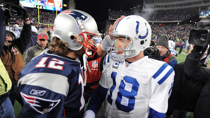 Indianapolis Colts quarterback Peyton Manning, right, meets with New England Patriots quarterback Tom Brady after a game at Gillette Stadium on Nov. 21, 2010. The Colts lost 31-28. Indianapolis Colts quarterback Peyton Manning, right, meets with New England Patriots quarterback Tom Brady after a game at Gillette Stadium on Nov. 21, 2010. The Colts lost 31-28.