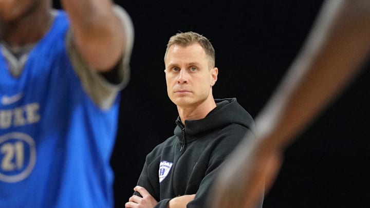 Apr 4, 2025; San Antonio, TX, USA; Duke basketball head coach Jon Scheyer during a practice session for the Final Four of the 2025 NCAA tournament at Alamodome.