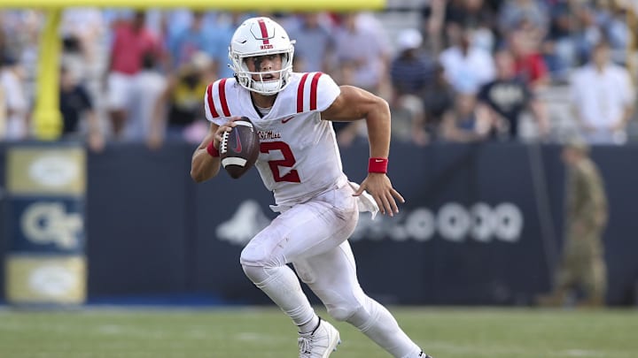 Sep 17, 2022; Atlanta, Georgia, USA; Mississippi Rebels quarterback Jaxson Dart (2) scrambles