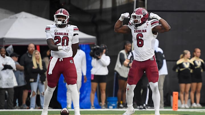 Nov 9, 2024; Nashville, Tennessee, USA;  South Carolina Gamecocks tight end celebrates the touchdown of tight end Michael Smith (20) against the Vanderbilt Commodores during the first half at FirstBank Stadium. Mandatory Credit: Steve Roberts-Imagn Images