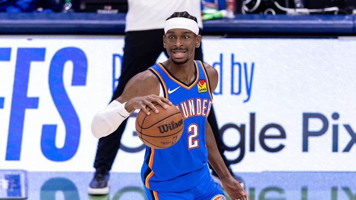 Apr 29, 2024; New Orleans, Louisiana, USA; Oklahoma City Thunder guard Shai Gilgeous-Alexander (2) dribbles against the New Orleans Pelicans during the first half of game four of the first round for the 2024 NBA playoffs at Smoothie King Center. Mandatory Credit: Stephen Lew-Imagn Images