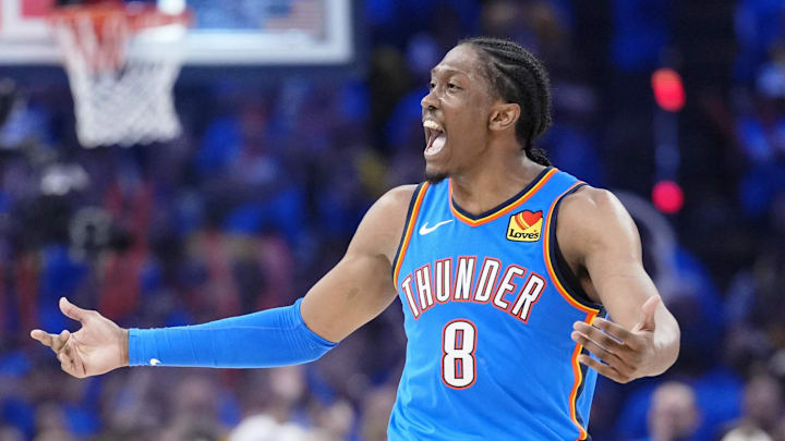 Jun 22, 2025; Oklahoma City, Oklahoma, USA; Oklahoma City Thunder forward Jalen Williams (8) reacts after a play against the Indiana Pacers during the second half of game seven of the 2025 NBA Finals at Paycom Center.