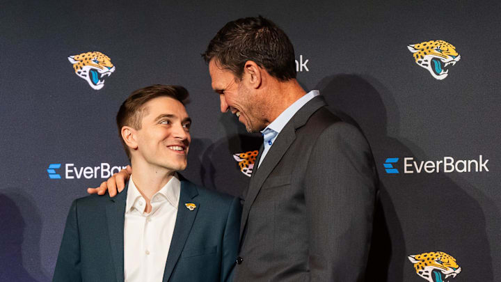 The Jacksonville Jaguars introduce General Manager James Gladstone, left, Monday morning February 24, 2025 at the Miller Electric Center in Jacksonville, Fla. He has a laugh with Executive Vice President of Football Operations Tony Boselli, right, after the press conference. [Doug Engle/Florida Times-Union]2025