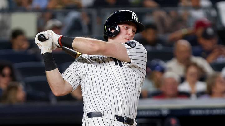 Aug 28, 2026; Bronx, New York, USA; New York Yankees designated hitter Ben Rice (22) hits a single against the Boston Red Sox during the seventh inning at Yankee Stadium. Mandatory Credit: Tom Horak-Imagn Images Aug 28, 2026; Bronx, New York, USA; New York Yankees designated hitter Ben Rice (22) hits a single against the Boston Red Sox during the seventh inning at Yankee Stadium. Mandatory Credit: Tom Horak-Imagn Images