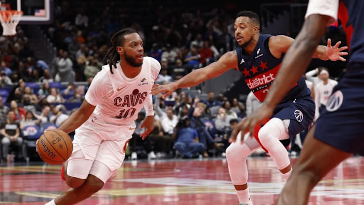 Nov 7, 2025; Washington, District of Columbia, USA; Cleveland Cavaliers guard Darius Garland (10) drives to the basket as Washington Wizards guard CJ McCollum (3) defends in the second half in an Emirates NBA Cup game at Capital One Arena. Mandatory Credit: Geoff Burke-Imagn Images Nov 7, 2025; Washington, District of Columbia, USA; Cleveland Cavaliers guard Darius Garland (10) drives to the basket as Washington Wizards guard CJ McCollum (3) defends in the second half in an Emirates NBA Cup game at Capital One Arena. Mandatory Credit: Geoff Burke-Imagn Images