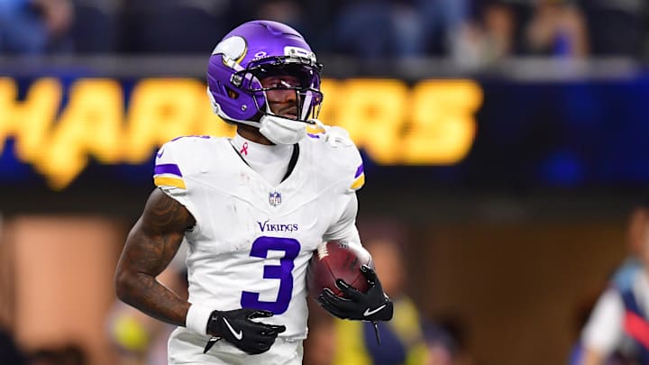 Minnesota Vikings wide receiver Jordan Addison (3) reacts after making a touchdown during the second half at SoFi Stadium. Minnesota Vikings wide receiver Jordan Addison (3) reacts after making a touchdown during the second half at SoFi Stadium.