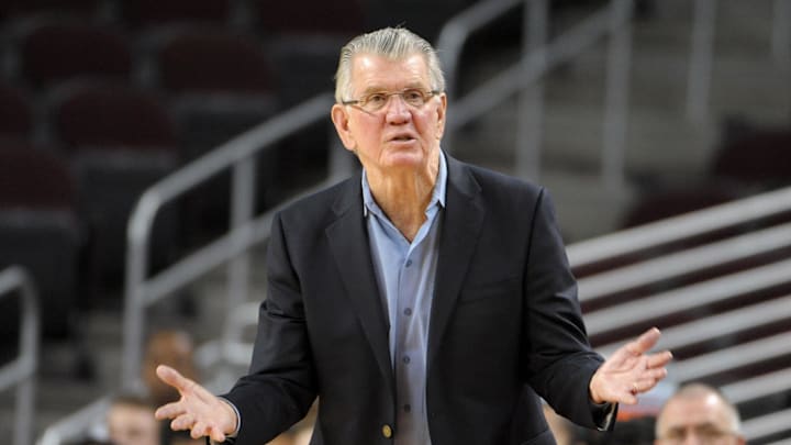 Jan 19, 2012, Los Angeles, CA, USA; Oregon Ducks coach Paul Westhead reacts during the game against the Southern California Trojans at the Galen Center. USC defeated Oregon 92-73. Mandatory Credit: Kirby Lee/Image of Sport-Imagn Images.