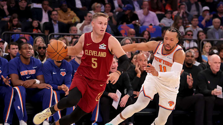 Oct 22, 2025; New York, New York, USA; Cleveland Cavaliers guard Sam Merrill (5) drives to the basket against New York Knicks guard Jalen Brunson (11) during the first quarter at Madison Square Garden. Mandatory Credit: Brad Penner-Imagn Images Oct 22, 2025; New York, New York, USA; Cleveland Cavaliers guard Sam Merrill (5) drives to the basket against New York Knicks guard Jalen Brunson (11) during the first quarter at Madison Square Garden. Mandatory Credit: Brad Penner-Imagn Images