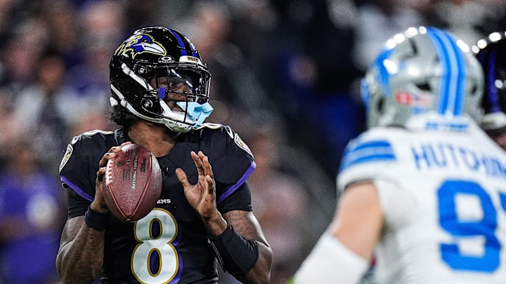 Baltimore Ravens quarterback Lamar Jackson (8) looks to pass against Detroit Lions during the first half at M&T Bank Stadium in Baltimore, Md. on Monday, Sept. 22, 2025.