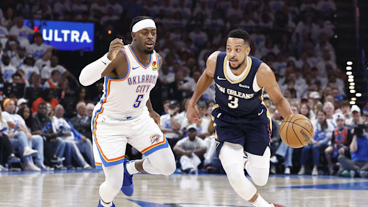 Apr 21, 2024; Oklahoma City, Oklahoma, USA; New Orleans Pelicans guard CJ McCollum (3) drives to the Apr 21, 2024; Oklahoma City, Oklahoma, USA; New Orleans Pelicans guard CJ McCollum (3) drives to the