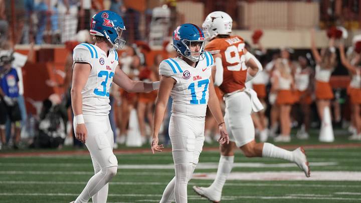 Oct 24, 2026; Austin, Texas, USA; Mississippi Rebels kicker Lucas Carneiro (17) reacts after a missed field goal attempt during the second half against the Texas Longhorns at Darrell K Royal-Texas Memorial Stadium. Mandatory Credit: Scott Wachter-Imagn Images Oct 24, 2026; Austin, Texas, USA; Mississippi Rebels kicker Lucas Carneiro (17) reacts after a missed field goal attempt during the second half against the Texas Longhorns at Darrell K Royal-Texas Memorial Stadium. Mandatory Credit: Scott Wachter-Imagn Images