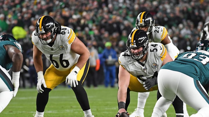 Dec 15, 2024; Philadelphia, Pennsylvania, USA; Pittsburgh Steelers guard Mason McCormick (66) and center Zach Frazier (54) against the Philadelphia Eagles at Lincoln Financial Field. Mandatory Credit: Eric Hartline-Imagn Images