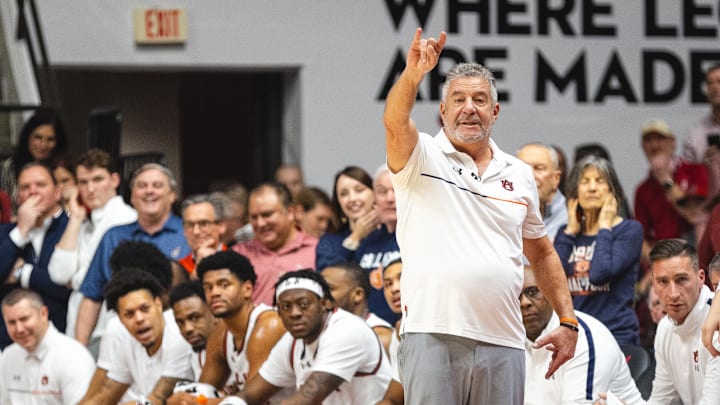 Feb 15, 2025; Tuscaloosa, Alabama, USA; Auburn Tigers head coach Bruce Pearl directs his team against the Alabama Crimson Tide during the first half at Coleman Coliseum. Mandatory Credit: Will McLelland-Imagn Images