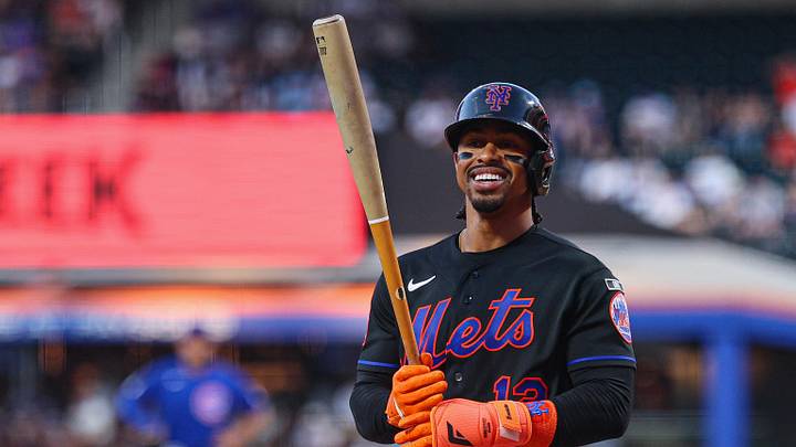 Jun 24, 2026; New York City, New York, USA;  New York Mets shortstop Francisco Lindor (12) reacts before an at bat during the third inning against the Chicago Cubs at Citi Field. Mandatory Credit: Vincent Carchietta-Imagn Images