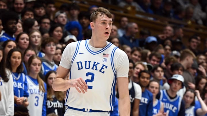 Feb 12, 2025; Durham, North Carolina, USA; Duke Blue Devils forward Cooper Flagg (2) dribbles up court during the second half against the California Golden Bears at Cameron Indoor Stadium. Mandatory Credit: Rob Kinnan-Imagn Images