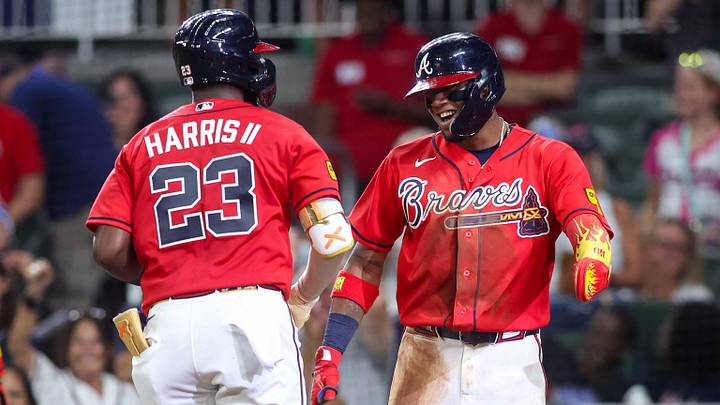 Aug 28, 2026; Atlanta, Georgia, USA; Atlanta Braves right fielder Ronald Acuna Jr. (13) celebrates with center fielder Michael Harris II (23) after a two-run home run against the Colorado Rockies in the fifth inning at Truist Park. Mandatory Credit: Brett Davis-Imagn Images
