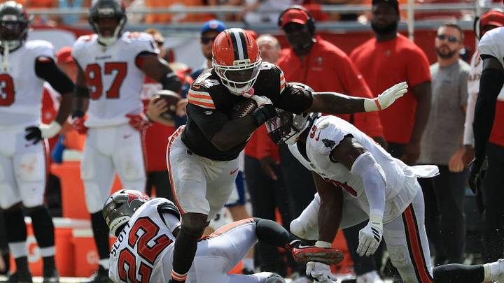 Sep 20, 2026; Tampa, Florida, USA; Tampa Bay Buccaneers defensive back Keionte Scott (22) tackles Cleveland Browns tight end Harold Fannin Jr. (44) during the second half at Raymond James Stadium. Mandatory Credit: Kim Klement Neitzel-Imagn Images Sep 20, 2026; Tampa, Florida, USA; Tampa Bay Buccaneers defensive back Keionte Scott (22) tackles Cleveland Browns tight end Harold Fannin Jr. (44) during the second half at Raymond James Stadium. Mandatory Credit: Kim Klement Neitzel-Imagn Images