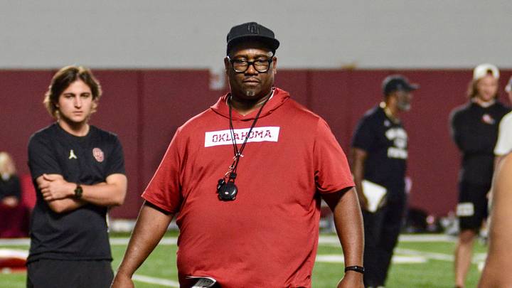 Oklahoma defensive tackles coach Todd Bates oversees a drill at one of the Brent Venables Football Camps.