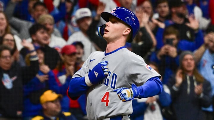 May 2, 2025; Milwaukee, Wisconsin, USA;  Chicago Cubs center fielder Pete Crow-Armstrong (4) reacts after hitting a solo home run in the seventh inning against the Milwaukee Brewers at American Family Field. Mandatory Credit: Benny Sieu-Imagn Images