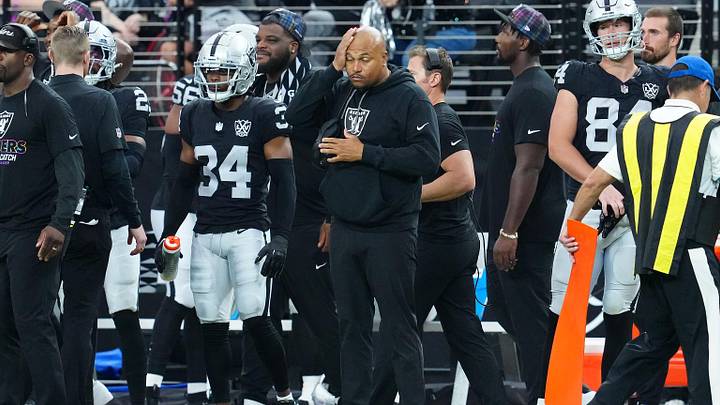 Oct 13, 2024; Paradise, Nevada, USA; Las Vegas Raiders head coach Antonio Pierce reacts to a play by the Pittsburgh Steelers during the fourth quarter at Allegiant Stadium. Mandatory Credit: Stephen R. Sylvanie-Imagn Images