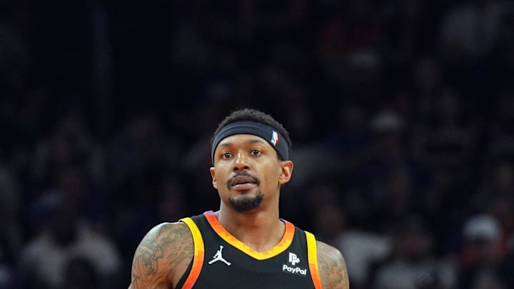 Apr 28, 2024; Phoenix, Arizona, USA; Phoenix Suns guard Bradley Beal (3) dribbles against the
