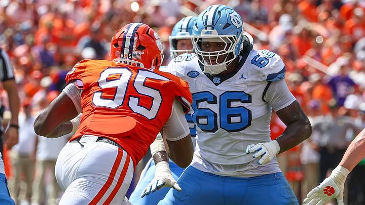 Sep 19, 2026; Clemson, South Carolina, USA; University of North Carolina Tar Heels offensive lineman Jordan Hall (66) pairs up with Clemson Tigers defensive lineman Amare Adams (95) during the third quarter at Memorial Stadium. Mandatory Credit: Ashley Tumlin-Imagn Images Sep 19, 2026; Clemson, South Carolina, USA; University of North Carolina Tar Heels offensive lineman Jordan Hall (66) pairs up with Clemson Tigers defensive lineman Amare Adams (95) during the third quarter at Memorial Stadium. Mandatory Credit: Ashley Tumlin-Imagn Images