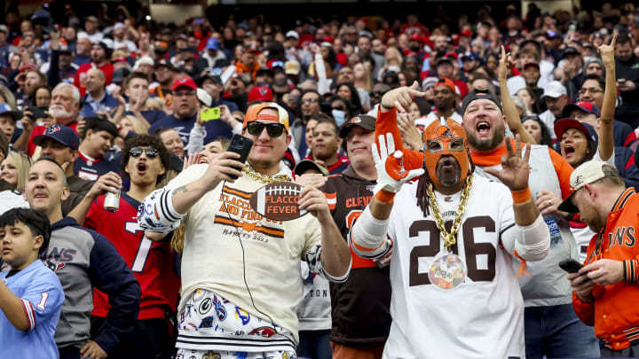 Jan 13, 2024; Houston, Texas, USA; Cleveland Browns fans during the first quarter in a 2024 AFC wild card game at NRG Stadium. Mandatory Credit: Thomas Shea-USA TODAY Sports