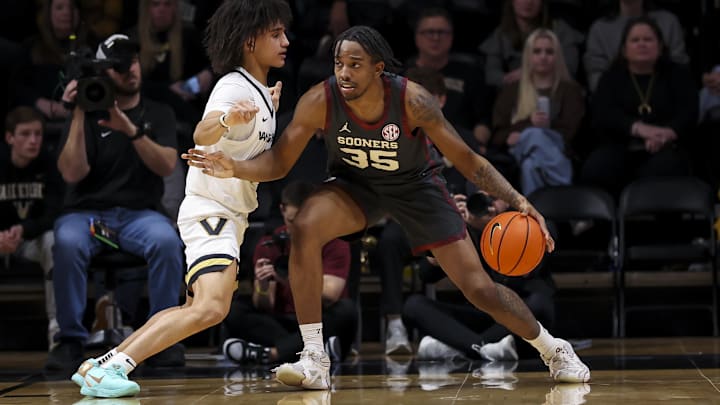 Feb 7, 2026; Nashville, Tennessee, USA;  Oklahoma Sooners forward Derrion Reid (35) backs down Vanderbilt Commodores guard Tyler Tanner (3) during the second half at Memorial Gymnasium. Mandatory Credit: Steve Roberts-Imagn Images