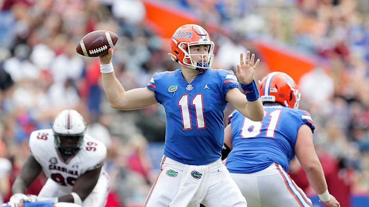 University of Florida Gators quarterback Kyle Trask (11) throws a pass during a game against South Carolina at Ben Hill Griffin Stadium, in Gainesville, Fla. Oct. 3, 2020.

POY2020-FALT4