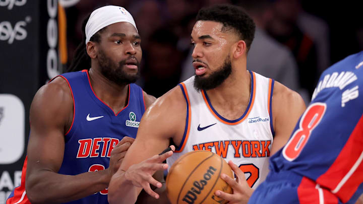 Jan 13, 2025; New York, New York, USA; New York Knicks center Karl-Anthony Towns (32) controls the ball against Detroit Pistons center Isaiah Stewart (28) during the third quarter at Madison Square Garden. Mandatory Credit: Brad Penner-Imagn Images Jan 13, 2025; New York, New York, USA; New York Knicks center Karl-Anthony Towns (32) controls the ball against Detroit Pistons center Isaiah Stewart (28) during the third quarter at Madison Square Garden. Mandatory Credit: Brad Penner-Imagn Images