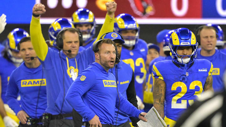 Dec 28, 2024; Inglewood, California, USA;  Los Angeles Rams head coach Sean McVay reacts after a play in the first half against the Arizona Cardinals at SoFi Stadium. Mandatory Credit: Jayne Kamin-Oncea-Imagn Images