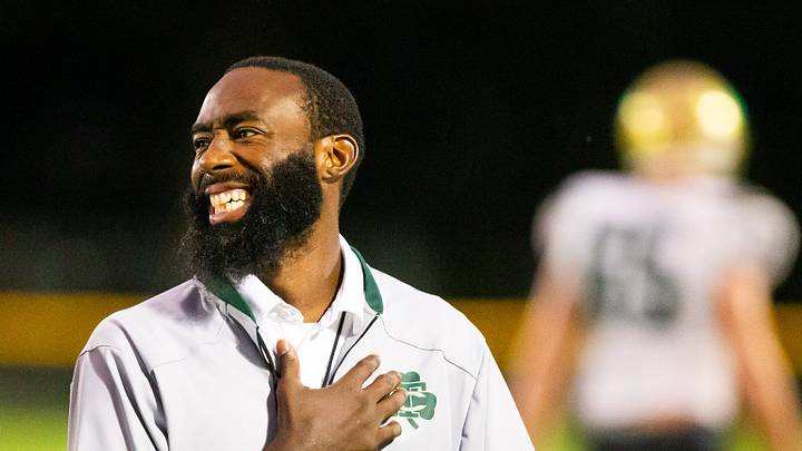 Trinity Catholic Assistant Coach Chris Rainey reacts after speaking with an official in the first half. The Eastside Rams hosted the Trinity Catholic Celtics at Citizens Field in Gainesville, FL on Thursday, September 12, 2024. Eastside lead 16-0 at the half. [Doug Engle/Ocala Star Banner]