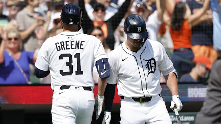 Jul 13, 2025; Detroit, Michigan, USA;  Detroit Tigers outfielder Riley Greene (31) receives congratulations from first baseman Spencer Torkelson (20)  after he hits a home run in the seventh inning against the Seattle Mariners at Comerica Park. Mandatory Credit: Rick Osentoski-Imagn Images