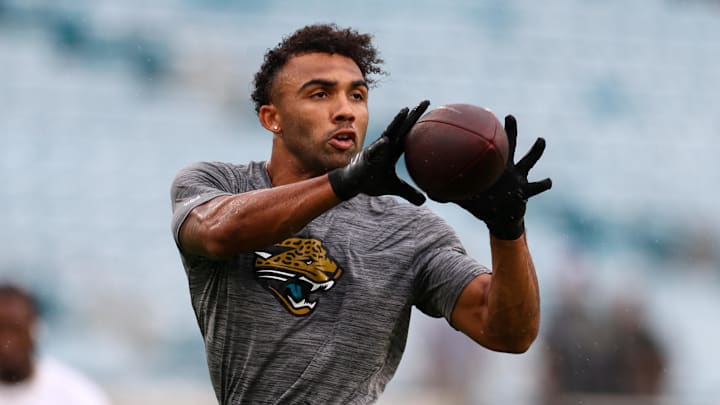 Oct 6, 2024; Jacksonville, Florida, USA; Jacksonville Jaguars wide receiver Christian Kirk (13) warms up before a game against the Indianapolis Colts at EverBank Stadium. Mandatory Credit: Nathan Ray Seebeck-Imagn Images