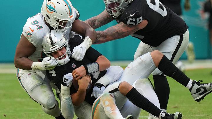 Miami Dolphins linebacker Jaelan Phillips (15) and defensive tackle Christian Wilkins (94) sack Las Miami Dolphins linebacker Jaelan Phillips (15) and defensive tackle Christian Wilkins (94) sack Las