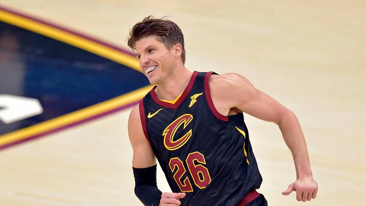 Nov 24, 2018; Cleveland, OH, USA; Cleveland Cavaliers guard Kyle Korver (26) reacts after his three-point basket in the second quarter against the Houston Rockets at Quicken Loans Arena. Mandatory Credit: David Richard-USA TODAY Sports Nov 24, 2018; Cleveland, OH, USA; Cleveland Cavaliers guard Kyle Korver (26) reacts after his three-point basket in the second quarter against the Houston Rockets at Quicken Loans Arena. Mandatory Credit: David Richard-USA TODAY Sports