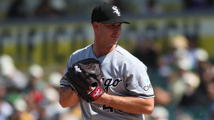Apr 18, 2026; West Sacramento, California, USA; Chicago White Sox pitcher Jordan Leasure (49) prepares to throw to a Athletics batter during the seventh inning at Sutter Health Park. Mandatory Credit: Scott Marshall-Imagn Images