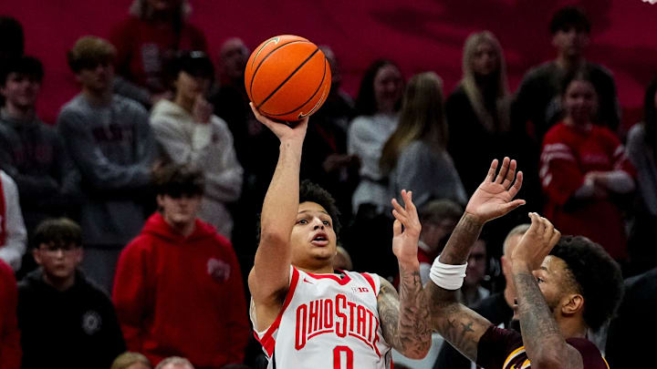 Ohio State Buckeyes guard John Mobley Jr. (0) shoots the ball in the second half of the NCAA basketball game at Value City Arena on Tuesday, Jan. 20, 2026 in Columbus, Ohio. Ohio State Buckeyes guard John Mobley Jr. (0) shoots the ball in the second half of the NCAA basketball game at Value City Arena on Tuesday, Jan. 20, 2026 in Columbus, Ohio.