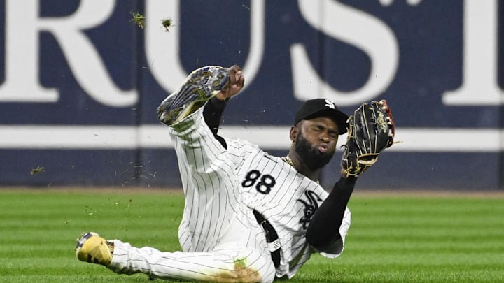 Chicago White Sox outfielder Luis Robert Jr. (88) catches a fly ball hit by Oakland Athletics outfielder Seth Brown (15) during the sixth inning at Guaranteed Rate Field on Sept 13. Chicago White Sox outfielder Luis Robert Jr. (88) catches a fly ball hit by Oakland Athletics outfielder Seth Brown (15) during the sixth inning at Guaranteed Rate Field on Sept 13.