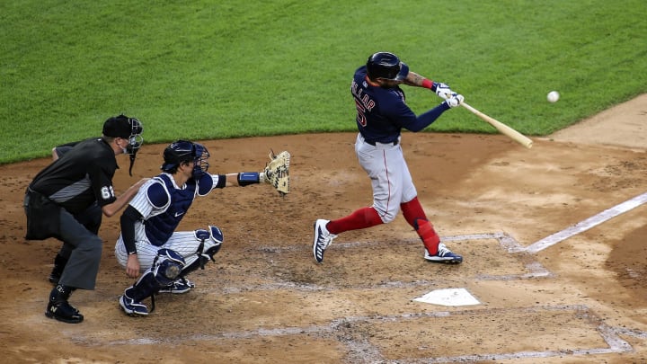 Jul 31, 2020; Bronx, New York, USA; Boston Red Sox right fielder Kevin Pillar (23) hits a single in the third inning against the New York Yankees at Yankee Stadium. Mandatory Credit: Wendell Cruz-USA TODAY Sports Jul 31, 2020; Bronx, New York, USA; Boston Red Sox right fielder Kevin Pillar (23) hits a single in the third inning against the New York Yankees at Yankee Stadium. Mandatory Credit: Wendell Cruz-USA TODAY Sports