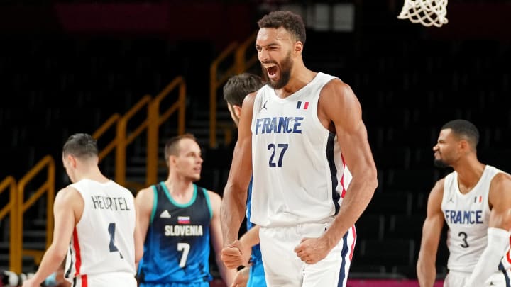 Aug 5, 2021; Saitama, Japan; Team France centre Rudy Gobert (27) celebrates after their win over Slovenia in a men's basketball semifinal game during the Tokyo 2020 Olympic Summer Games at Saitama Super Arena. France won 90-89. Mandatory Credit: Kyle Terada-USA TODAY Sports
