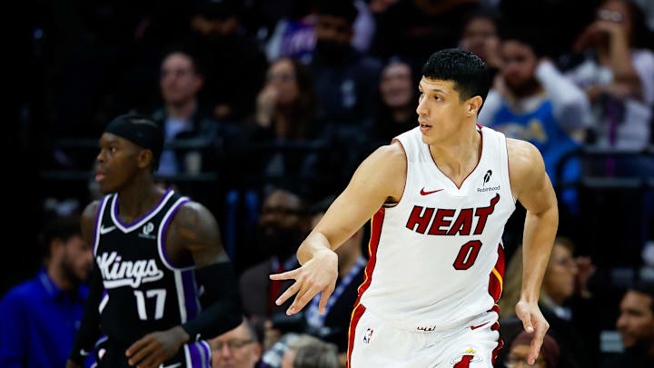Jan 20, 2026; Sacramento, California, USA; Miami Heat forward Simone Fontecchio (0) reacts after scoring against the Sacramento Kings during the third quarter at Golden 1 Center. Mandatory Credit: Sergio Estrada-Imagn Images