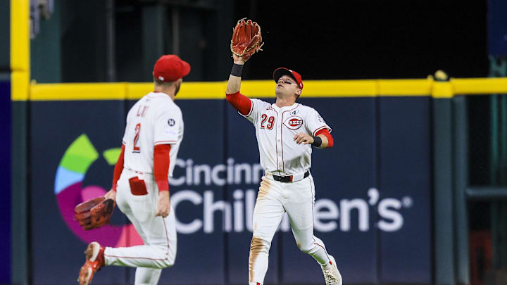 Jun 2, 2025; Cincinnati, Ohio, USA; Cincinnati Reds outfielder TJ Friedl (29) catches a fly out hit by Milwaukee Brewers first baseman Rhys Hoskins (not pictured) in the ninth inning at Great American Ball Park. Mandatory Credit: Katie Stratman-Imagn Images