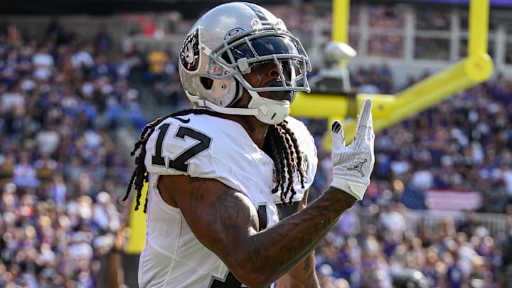 Sep 15, 2024; Baltimore, Maryland, USA; Las Vegas Raiders wide receiver Davante Adams (17) celebrates after scoring a touchdown during the second half against the Baltimore Ravens at M&T Bank Stadium. Mandatory Credit: Reggie Hildred-Imagn Images