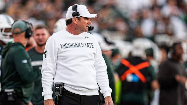 Michigan State head coach Jonathan Smith watches a play against Western Michigan during the first half at Spartan Stadium in East Lansing on Friday, August 29, 2025.