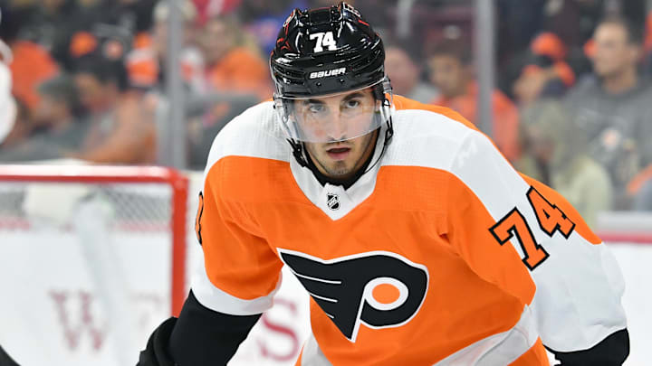Sep 17, 2018; Philadelphia, PA, USA; Philadelphia Flyers center Mike Vecchione (74) during the first period against the New York Islanders at Wells Fargo Center.